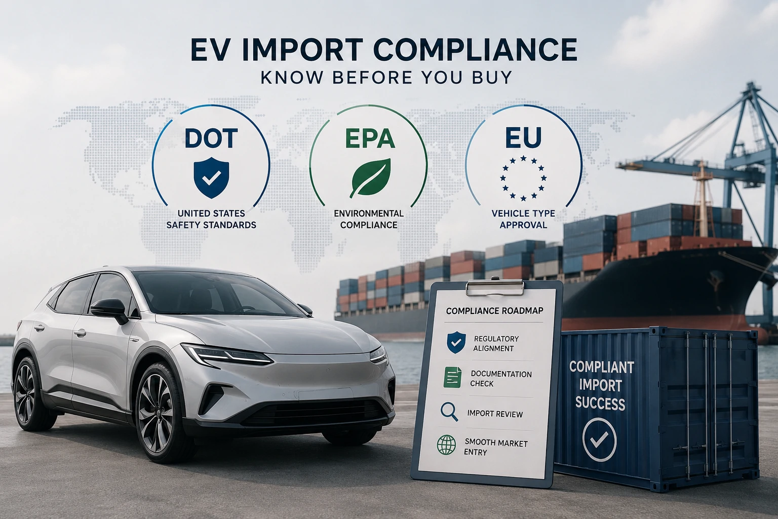 DOT-, EPA- en EU-normen: wat EV-importeurs moeten weten voordat ze kopen